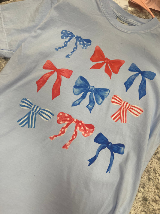 Coquette Patriotic Bow ~ Baby Blue Comfort Colors Tee