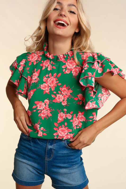 Jacey ~ Green and Pink Floral Top w/ Ruffle Sleeves