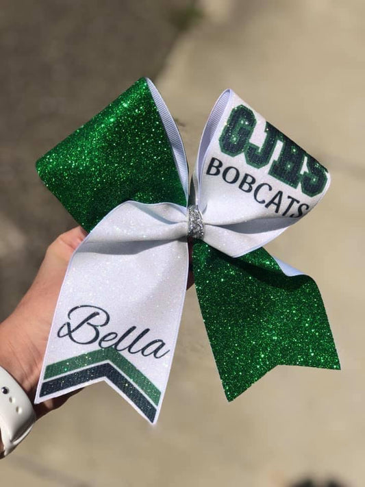 Green and White Full Glitter Cheer Bow With Chevron Tail
